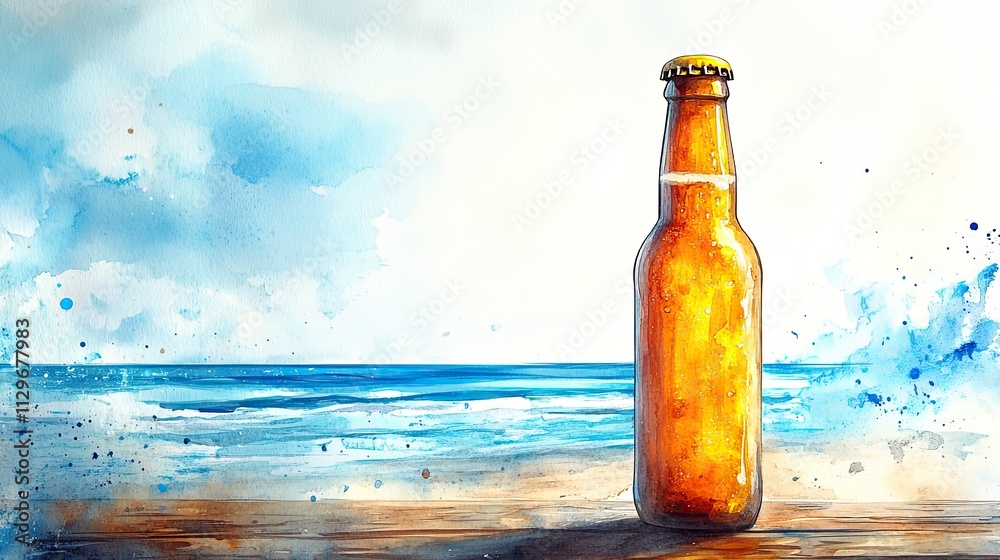 Refreshing beer bottle resting on wooden surface with ocean view Refreshing beer bottle resting on wooden surface with ocean view