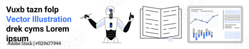 Robot with artificial intelligence arms open, reviewing a book and analyzing data on a screen with graph and bar chart. Ideal for AI advancements, robotics, technology, data science, analytics