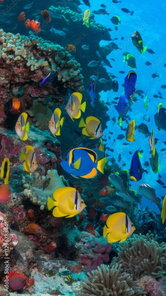 Naklejka premium A school of brightly colored fish swims in the ocean. The fish are of various colors, including yellow, orange, and black. The scene is lively and vibrant, with the fish moving in unison