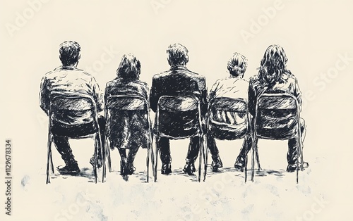 A hand-drawn illustration of an audience sitting in chairs, seen from the side The people have their backs to each other and appear focused on what is being thought or put into writing,


 photo