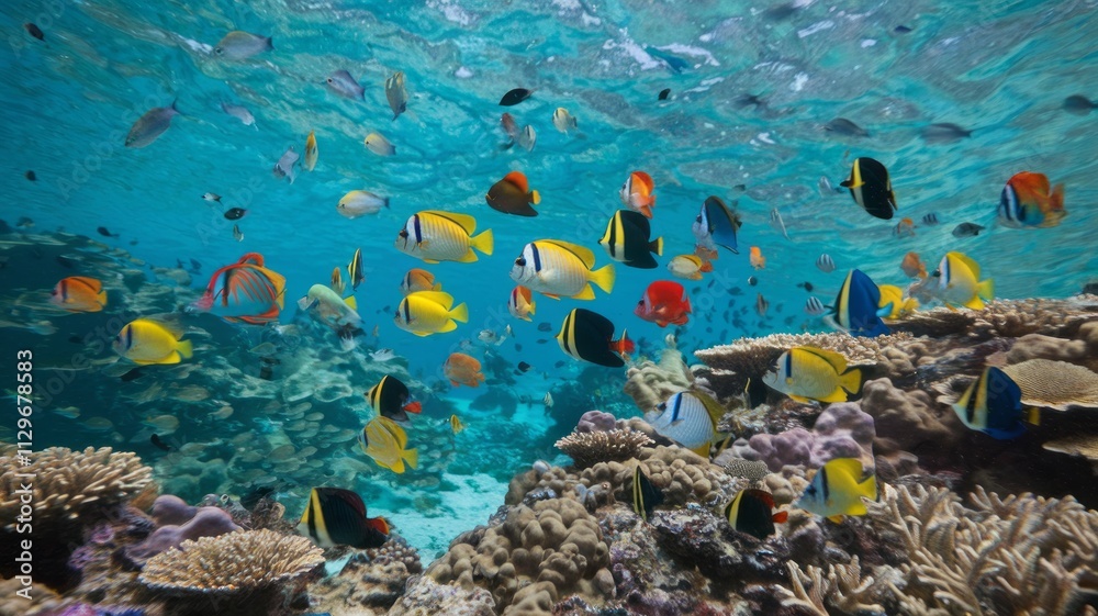 custom made wallpaper toronto digitalA school of brightly colored fish swims in the ocean. The fish are of various colors, including yellow, orange, and black. The scene is lively and vibrant, with the fish moving in unison