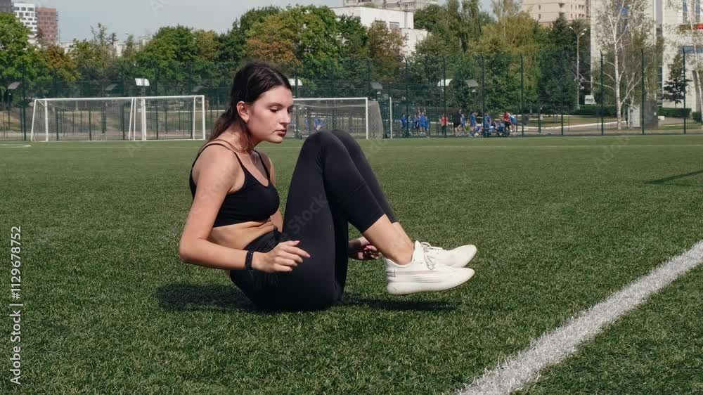 Young beautiful lady in black sportswear doing abdominal exercises lifting torso and legs while lying on grass in stadium outdoor. Fitness workout. Healthy activity. Sports outdoor lifestyle concept. Young beautiful lady in black sportswear doing abdominal exercises lifting torso and legs while lying on grass in stadium outdoor. Fitness workout. Healthy activity. Sports outdoor lifestyle concept.