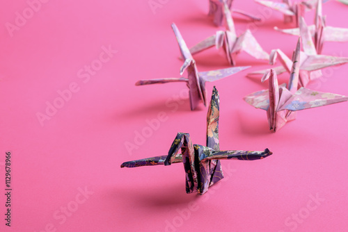 blue and pink origami swans on a pink background 