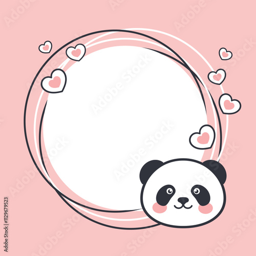 Cute round vector bannerwith copy space. Panda face and pink hearts on a pastel pink background. photo