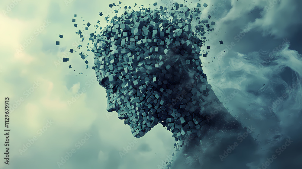 Surreal art of a fragmented human figure composed of small cubes dissolving into the atmosphere, representing disintegration and abstract thought. Paradox. Illustration Surreal art of a fragmented human figure composed of small cubes dissolving into the atmosphere, representing disintegration and abstract thought. Paradox. Illustration