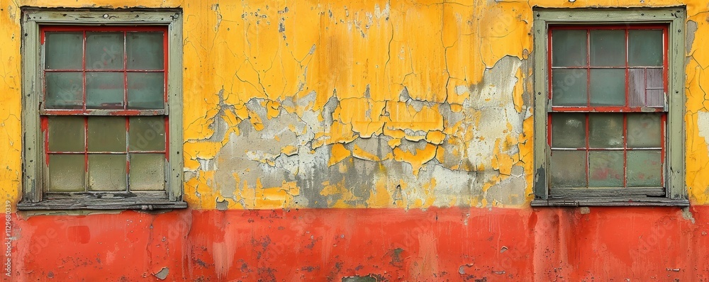 Naklejka premium An intriguing image showcasing the weathered facade of an old building with vibrant orange and yellow peeling paint, featuring two vintage windows side by side, capturing a sense of timeless decay