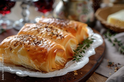 Cheesy phyllo wrapped fried pastry roll called Kalem borek or sigara boregi photo