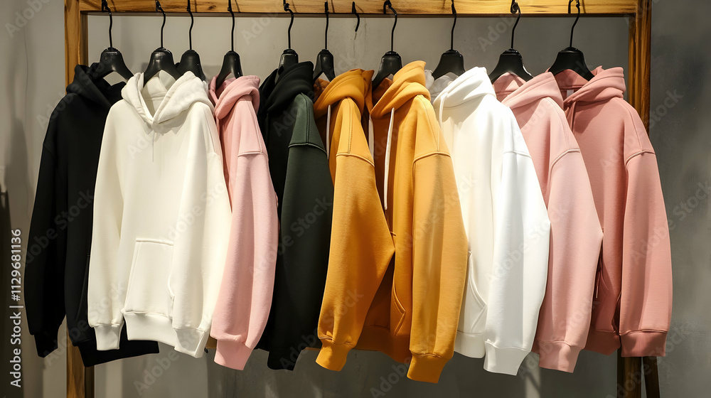 An assortment of hoodies in a variety of colors, displayed on a wooden rack to highlight modern casual fashion - An assortment of hoodies in a variety of colors, displayed on a wooden rack to highlight modern casual fashion -