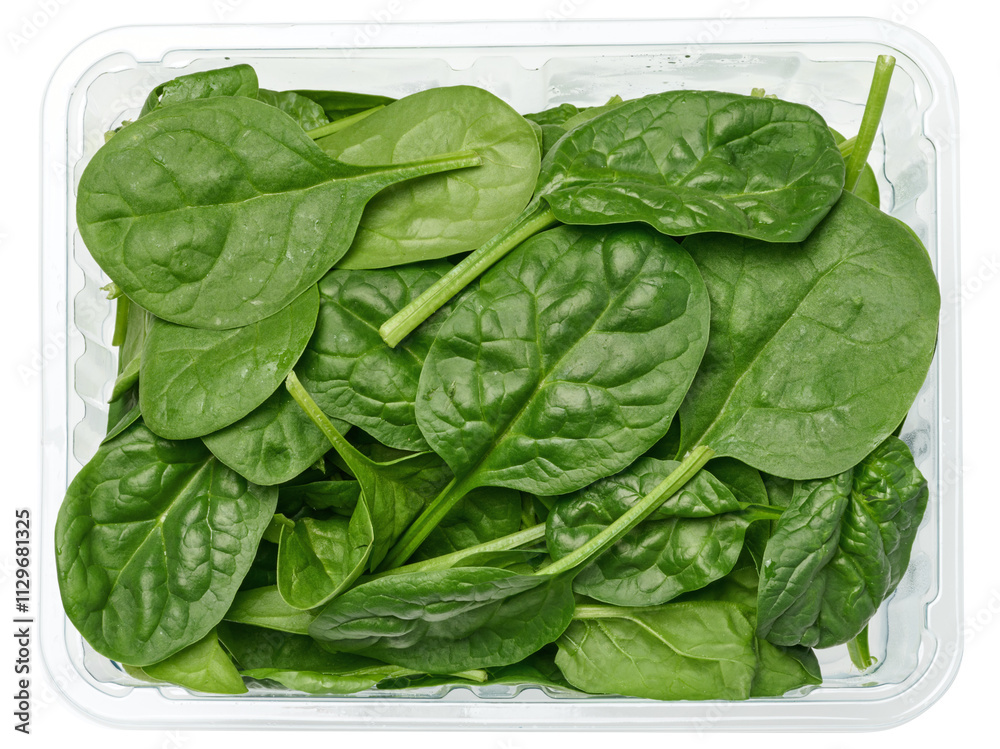 Bunch of fresh green spinach leaf in plastic box Bunch of fresh green spinach leaf in plastic box