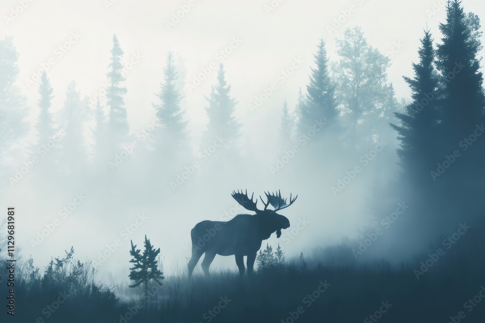 Large male moose with big antlers standing in a misty forest at dawn, creating a serene and evocative scene Large male moose with big antlers standing in a misty forest at dawn, creating a serene and evocative scene