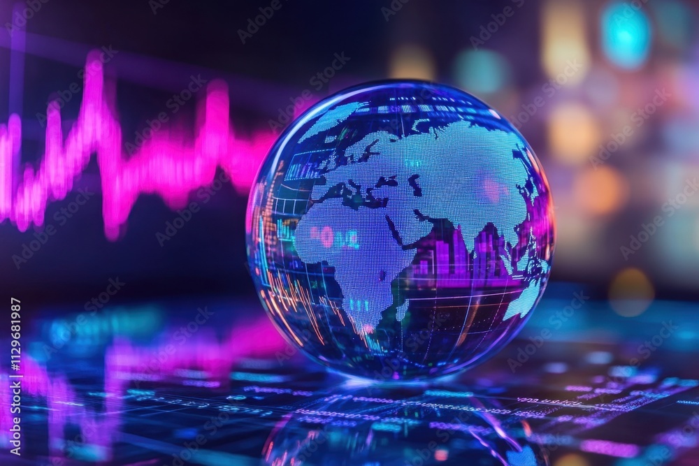 A glass sphere reflecting global stock market data, with blue and purple color gradients representing different economic indicators, against the background of a digital world map Generative AI A glass sphere reflecting global stock market data, with blue and purple color gradients representing different economic indicators, against the background of a digital world map Generative AI
