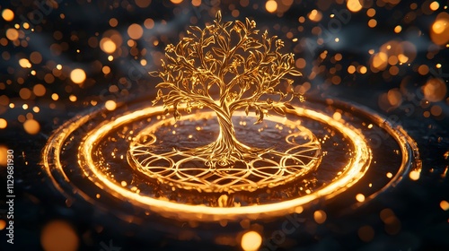 Wallpaper Mural Ornate tree of life carved into ancient stone, surrounded by flowing energy, golden prosperity symbols woven into its branches, glowing aura, mystical background Torontodigital.ca