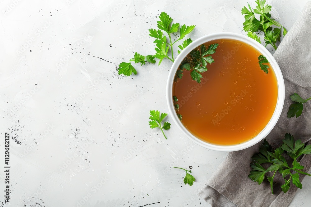 Chicken broth with parsley in bowl on white table top view and copy space for text Chicken broth with parsley in bowl on white table top view and copy space for text