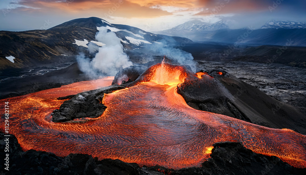 Naklejka premium Fiery lava flows down the slopes of a volcano, creating a mesmerizing spectacle against the backdrop of a dramatic sky