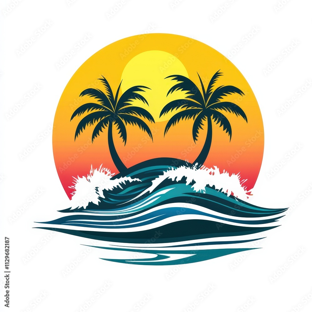 Summer island, waves, palm trees and sun, logo symbol design isolated on white background