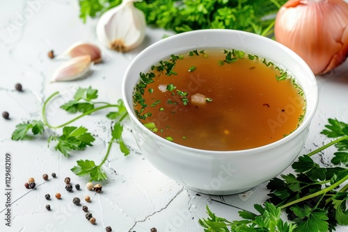 Chicken broth with seasoning and vegetables in a white bowl on a white table with room for text Close up shot