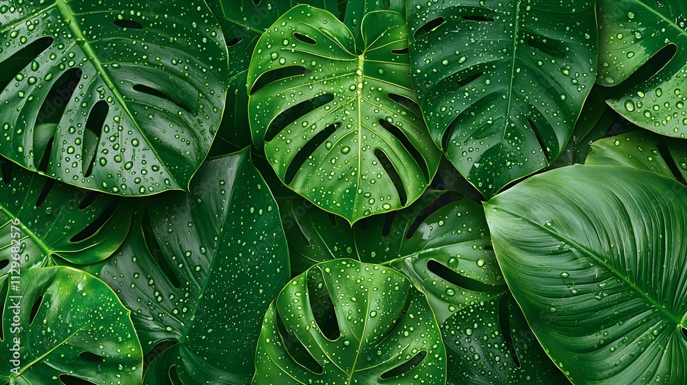 Overlapping large tropical leaves with varying green shades, smooth textures and water droplets, a tranquil natural design Overlapping large tropical leaves with varying green shades, smooth textures and water droplets, a tranquil natural design
