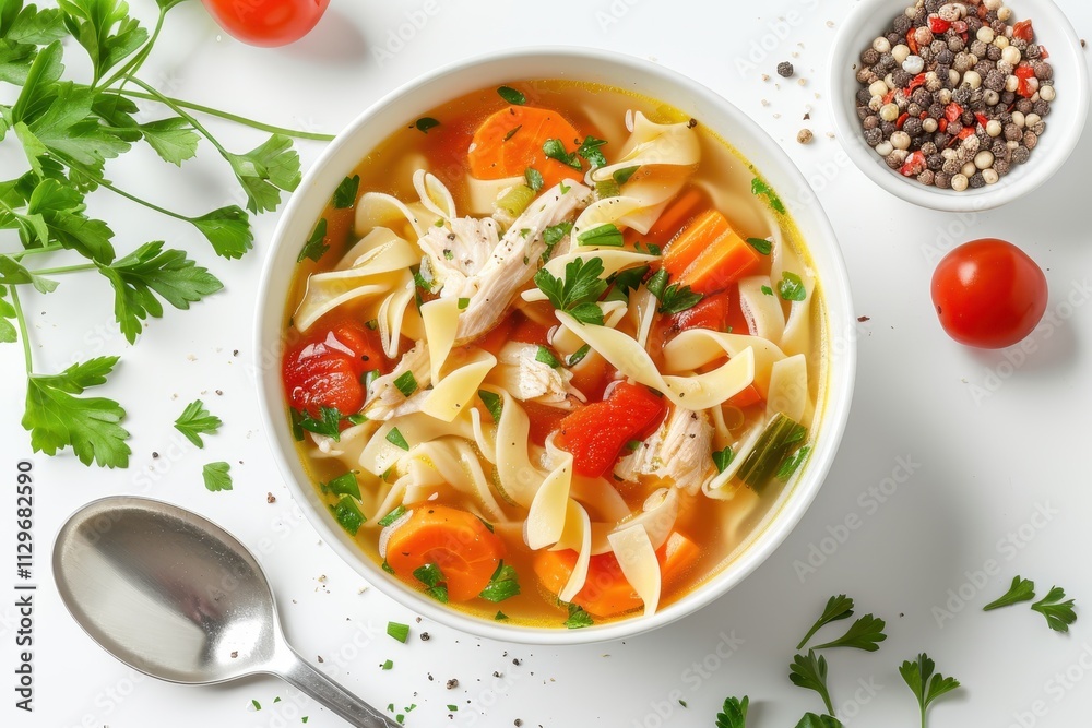 Chicken noodle soup on white background Homemade and healthy option with poultry Chicken noodle soup on white background Homemade and healthy option with poultry