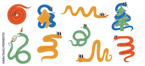 snakes set in doodle style in vector. Year of snake. Elements for decoration design stickers postcards poster print invitation mascot