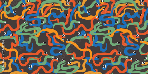 seamless pattern with colored snakes in doodle style in vector. Element for fabric print background wrapping banner textile packaging wallpaper