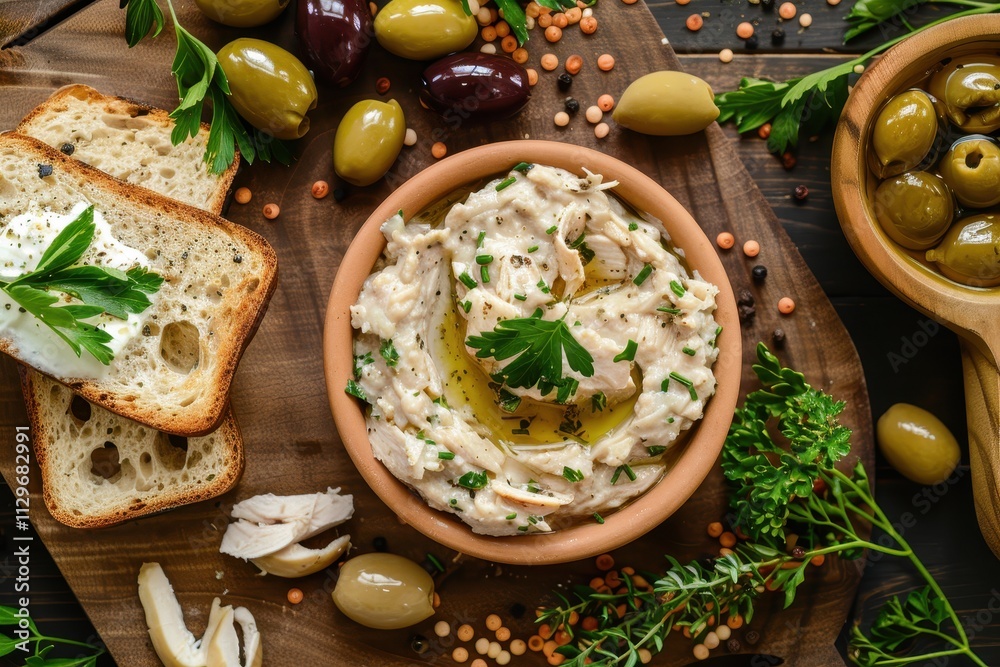 Chicken pate rillette toast olives and herbs on a wooden board seen from above Chicken pate rillette toast olives and herbs on a wooden board seen from above