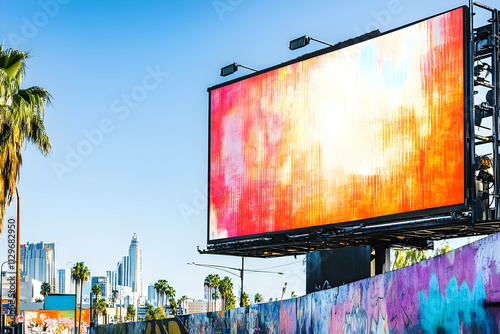 Billboard mockup - A vibrant digital billboard against a city skyline and colorful graffiti wall. photo