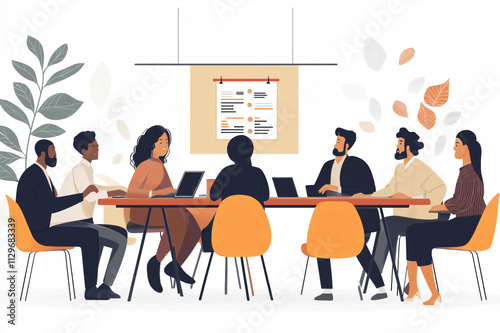 Team of professionals is sitting around a table, working on laptops and discussing a project during a business meeting