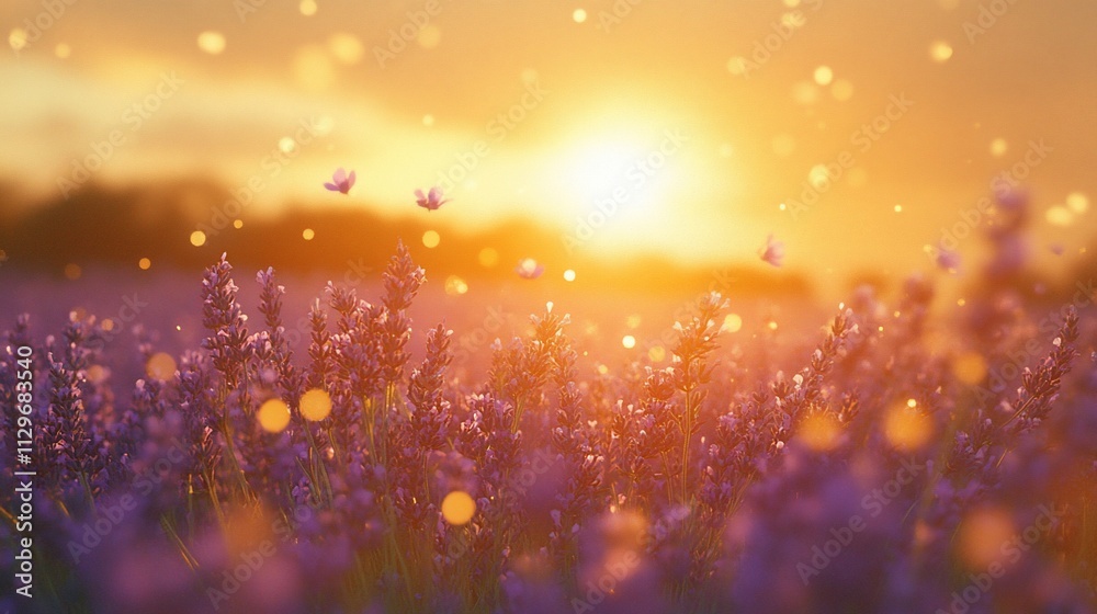 Magical sunset over a lavender field with glowing particles. Magical sunset over a lavender field with glowing particles.