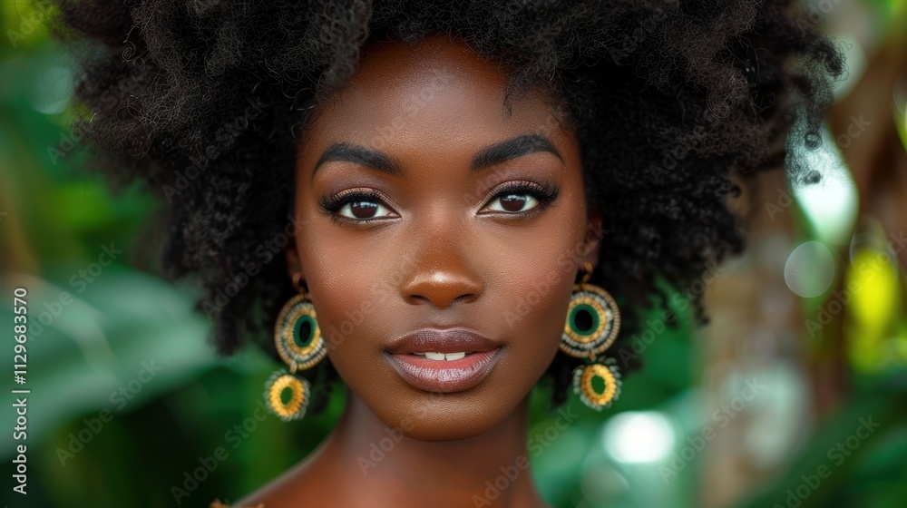 Portrait of a Person with Afro Hairstyle and Intricate Earrings Posing Against a Lush Green Background, Showcasing Elegant Style and Poise Portrait of a Person with Afro Hairstyle and Intricate Earrings Posing Against a Lush Green Background, Showcasing Elegant Style and Poise
