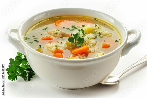 Chicken soup with vegetables and rice on white background