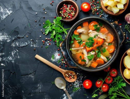 Chicken soup with vegetables and herbs stew with potato and carrot broth with more veggies and herbs on dark background Top view
