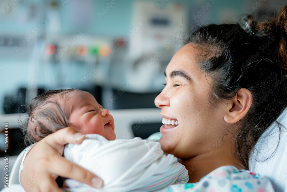 Young mother cradling her newborn baby in a hospital room, both smiling at each other Young mother cradling her newborn baby in a hospital room, both smiling at each other