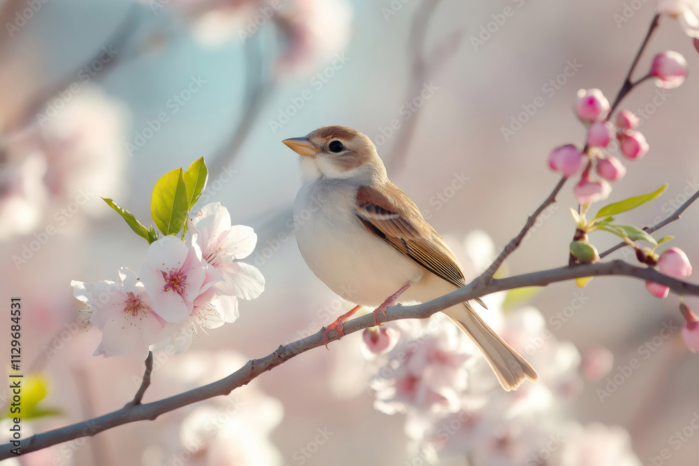 Small songbird resting on a flowering cherry tree branch, enjoying the vibrant blossoms of spring Small songbird resting on a flowering cherry tree branch, enjoying the vibrant blossoms of spring