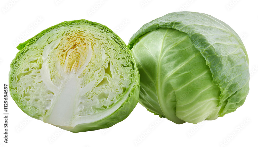Fresh green cabbage cut in half on transparent background Fresh green cabbage cut in half on transparent background