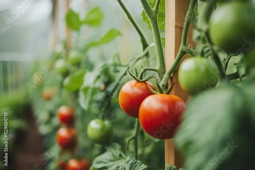 Fresh tomatoes hang on vines in a greenhouse, showcasing a mix of ripe red and unripe green varieties on a sunny summer day. Generative AI photo