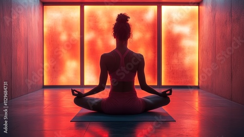 Woman meditating in a modern wellness space. photo