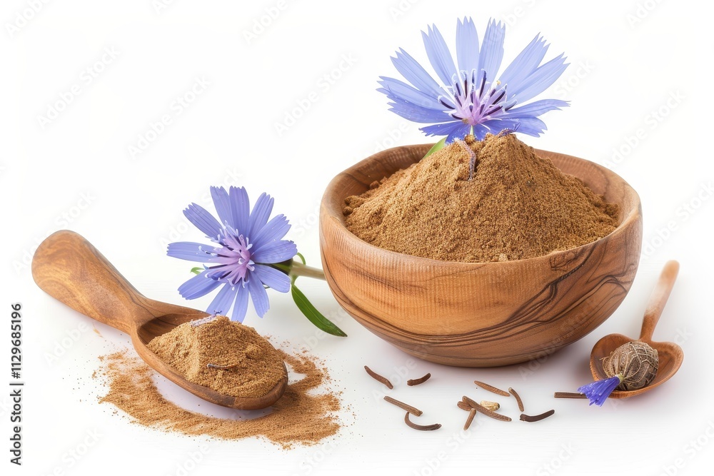 Chicory powder and flowers in wooden bowl and spoon on white background Chicory powder and flowers in wooden bowl and spoon on white background