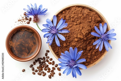 Chicory drink with blue flower in white background decaf coffee