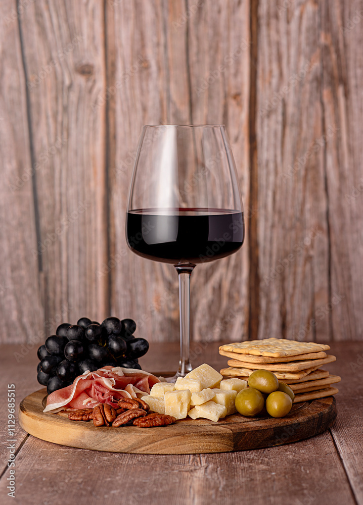 Food photography of red wine, cheese parmesan, prosciutto, olives, pecan, grapes, crackers, appetizer, wine glass, assortment, party meal Food photography of red wine, cheese parmesan, prosciutto, olives, pecan, grapes, crackers, appetizer, wine glass, assortment, party meal