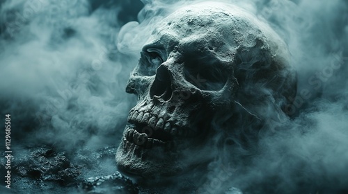 Smoky Skull Rests On Dark Rocky Ground