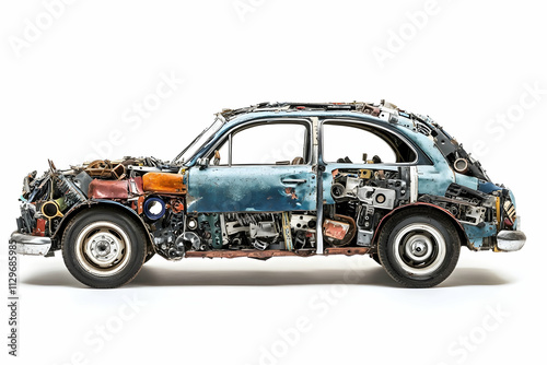 Passenger car constructed entirely from spare auto parts, isolated on a white background, AI Generated