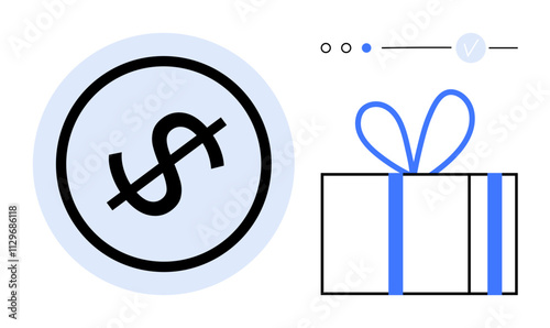 Black crossed-out dollar sign in a blue circle and a blue-ribbon wrapped gift box. Ideal for pricing, discounts, promotions, savings, gifts, free offers, and special deals. Line metaphor