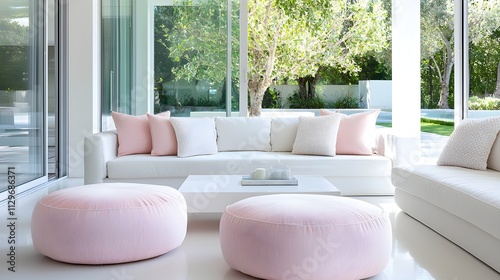 Comfortable living room in pink and white, large cushioned sofas, light-filled windows, peaceful atmosphere, clean modern interior design
