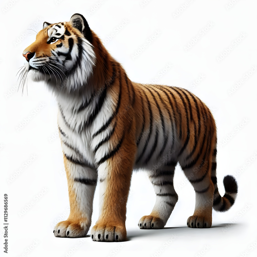 Fototapeta premium Tiger isolated on a white background, Side view, tiger standing full HD image generated by Ai. full body, realistic, full detail looking at the camera.