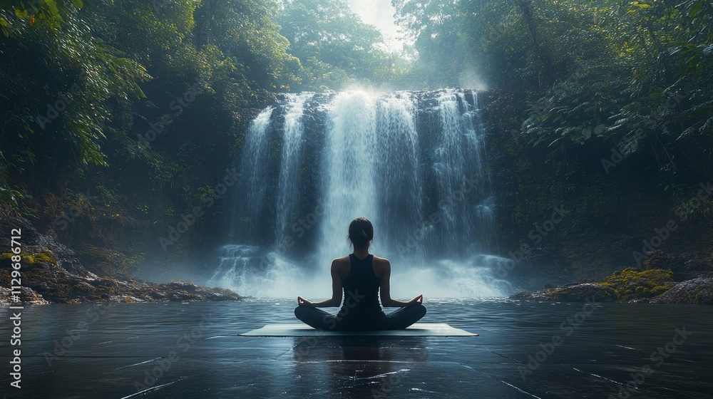 Woman meditating in lotus pose by a waterfall in a lush forest. Woman meditating in lotus pose by a waterfall in a lush forest.