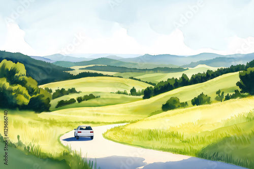 Watercolor painting of a white car driving away on a country road through green hills, on a sunny summer day