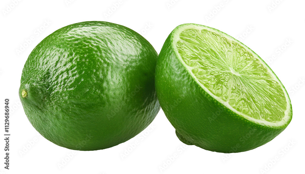 Fresh green lime cut in half showing juicy interior on transparent background Fresh green lime cut in half showing juicy interior on transparent background