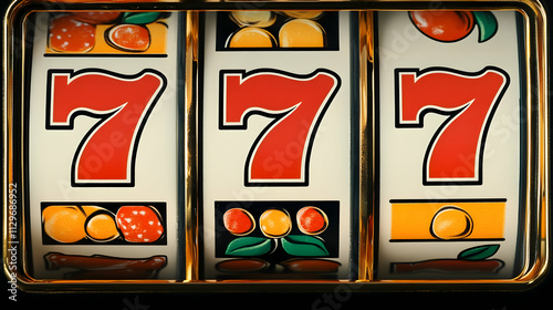 Close-up of spinning slot machine reels with the iconic triple sevens, symbolizing luck and gambling