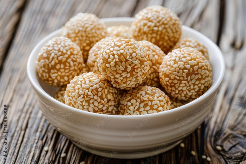 Chinese sesame balls on white dish on wooden background Chinese sesame balls on white dish on wooden background