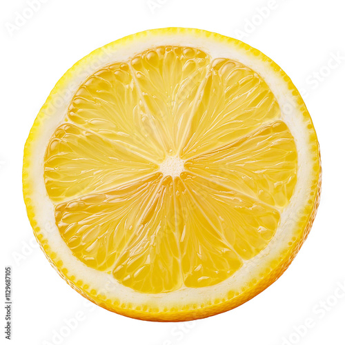 Juicy lemon slice showing refreshing pulp and rind on transparent background